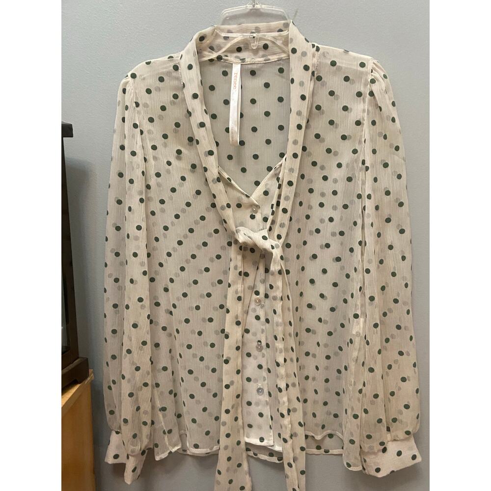 Renee C women’s sheer blouse with button up front and tie size small